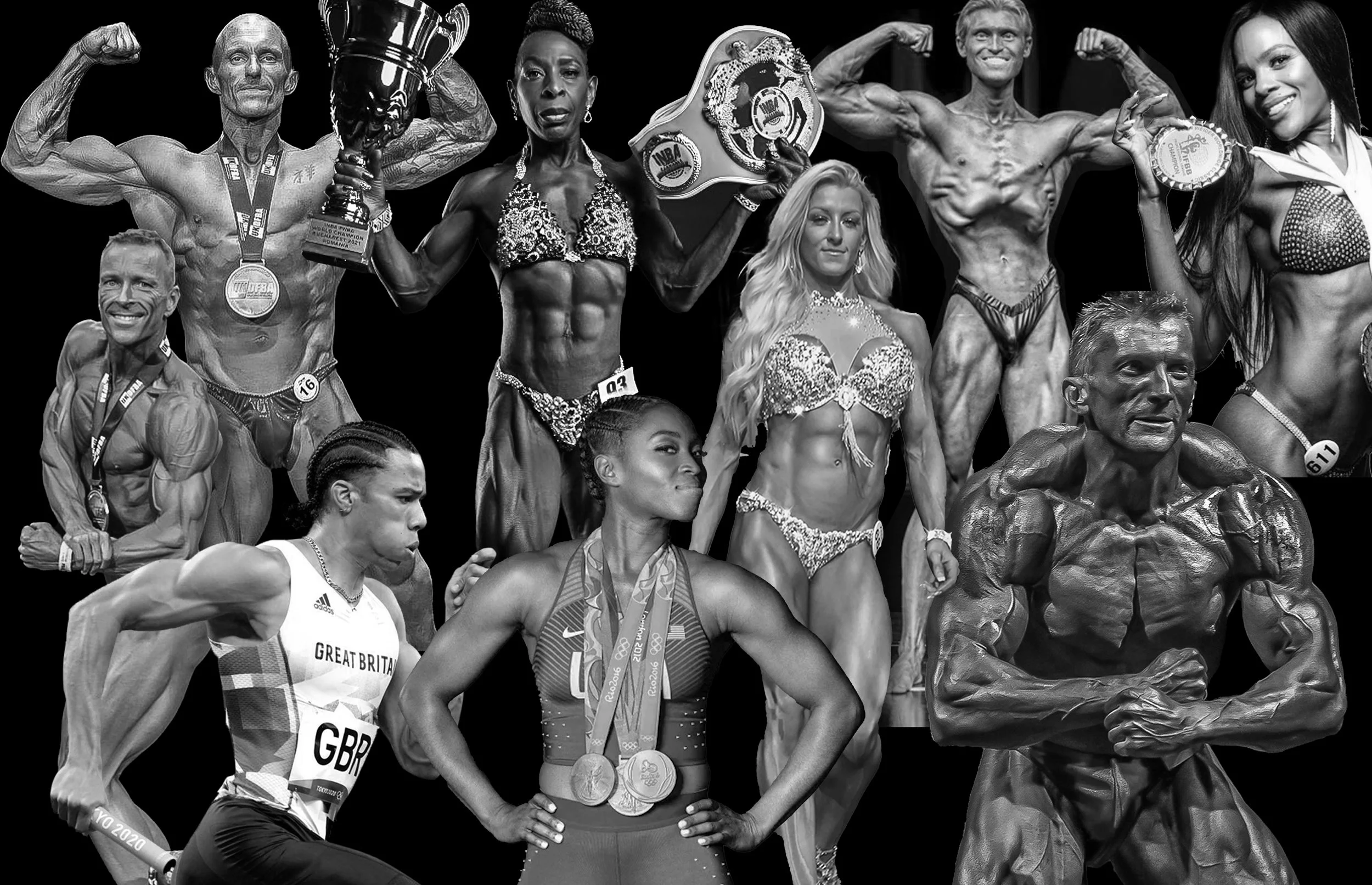 Black and white collage of ten bodybuilding and athletic competitors in various poses, some holding medals and trophies, highlighting muscular physiques and diversity in athletes.