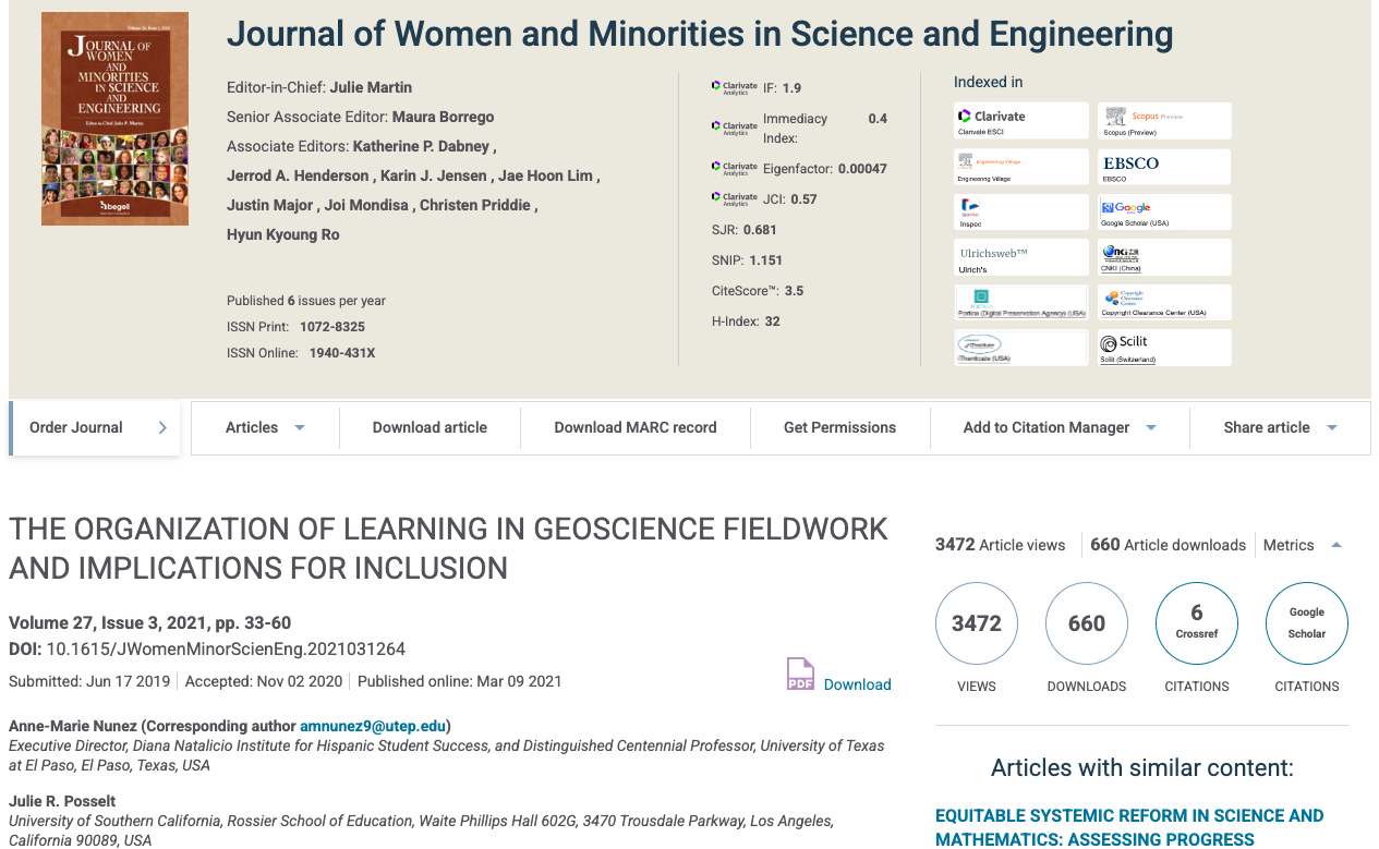 Nunez, A. M., Posselt, J., Hallmark, T., Rivera, J., and Southern, D. E. (2021). The organization of learning in geoscience fieldwork and implications for inclusion.
