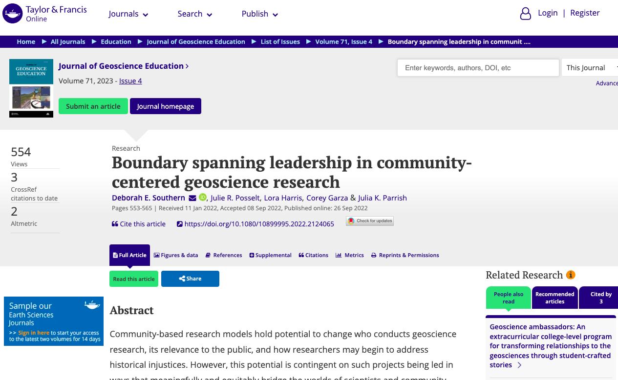 Southern, D. E., Posselt, J., Harris, L., Garza, C., and Parrish, J. (2022). Boundary spanning leadership in community-centered geoscience research.