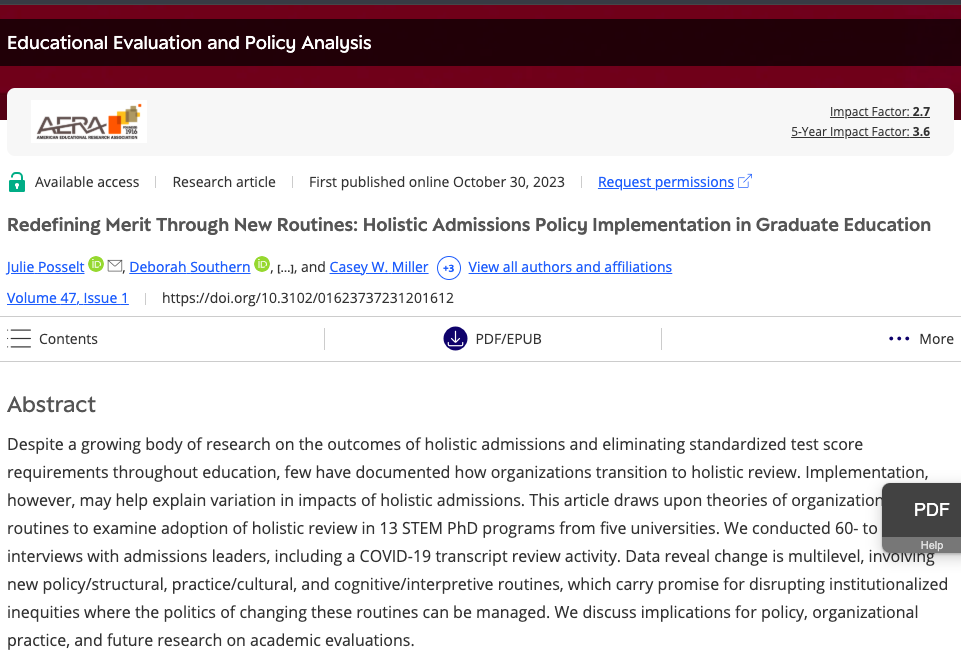 Posselt, J. R., Southern, D. E., et al. (2023). Redefining merit through new routines: Holistic admissions policy implementation in graduate education during COVID-19.