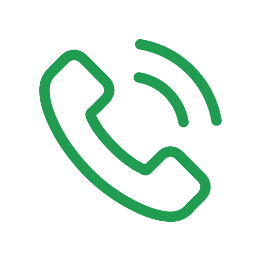 Green phone receiver icon with sound waves on black background.