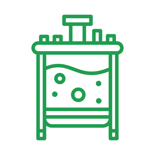 A line drawing of a bubbling scientific beaker on a stand.