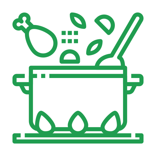 Outline of a cooking pot with a spoon inside, accompanied by vegetable slices and a piece of chicken or poultry above it.