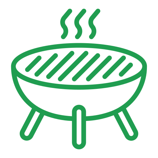 Green illustration of a barbecue grill with steam rising from it.