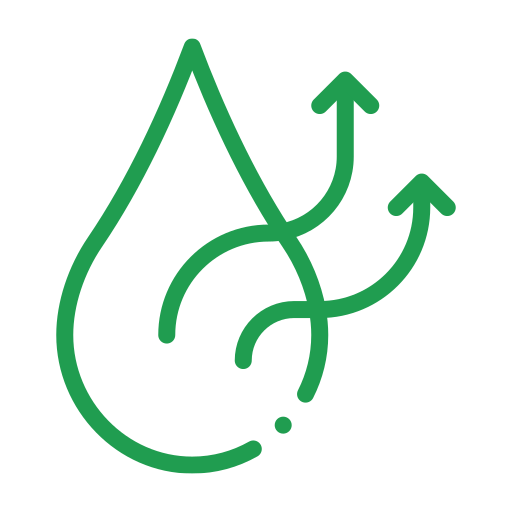 Green infographic with a drop shape and upward arrows indicating growth or increase.