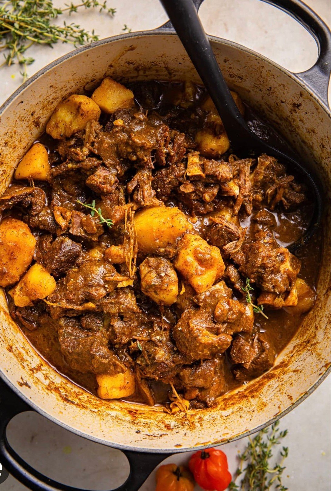 A pot of beef stew with potatoes and herbs, with a serving spoon inside, on a light surface with some tomatoes and herbs nearby.