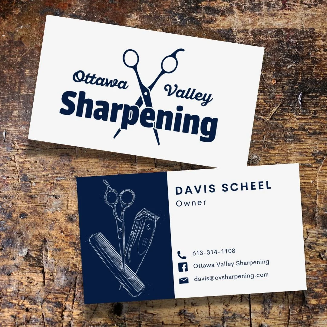 Business card for Ottawa Valley Sharpening featuring a pair of scissors and a straight razor. The card includes contact details such as phone number, email, and Facebook page along with the name Davis Scheel, Owner.