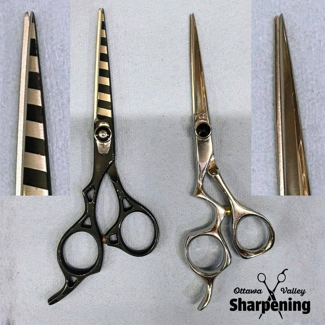 Two pairs of scissors, one black with steel blades and one silver with gold blades, on a grey surface with the Ottawa Valley Sharpening logo in the lower right corner.