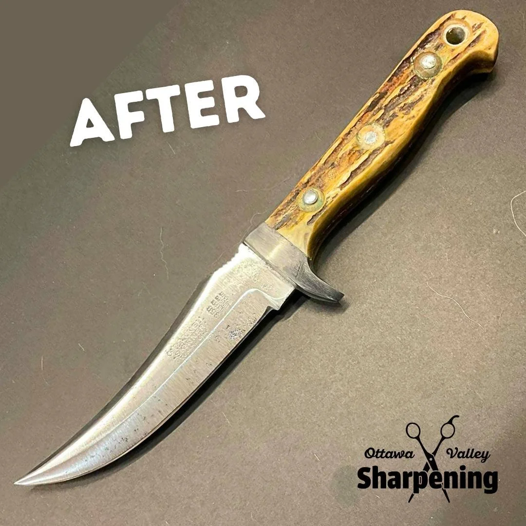 A fixed-blade knife with a wooden handle and a metal blade, placed on a dark surface. The word "AFTER" is written in white above the knife, and the Ottawa Valley Sharpening logo is at the bottom right.