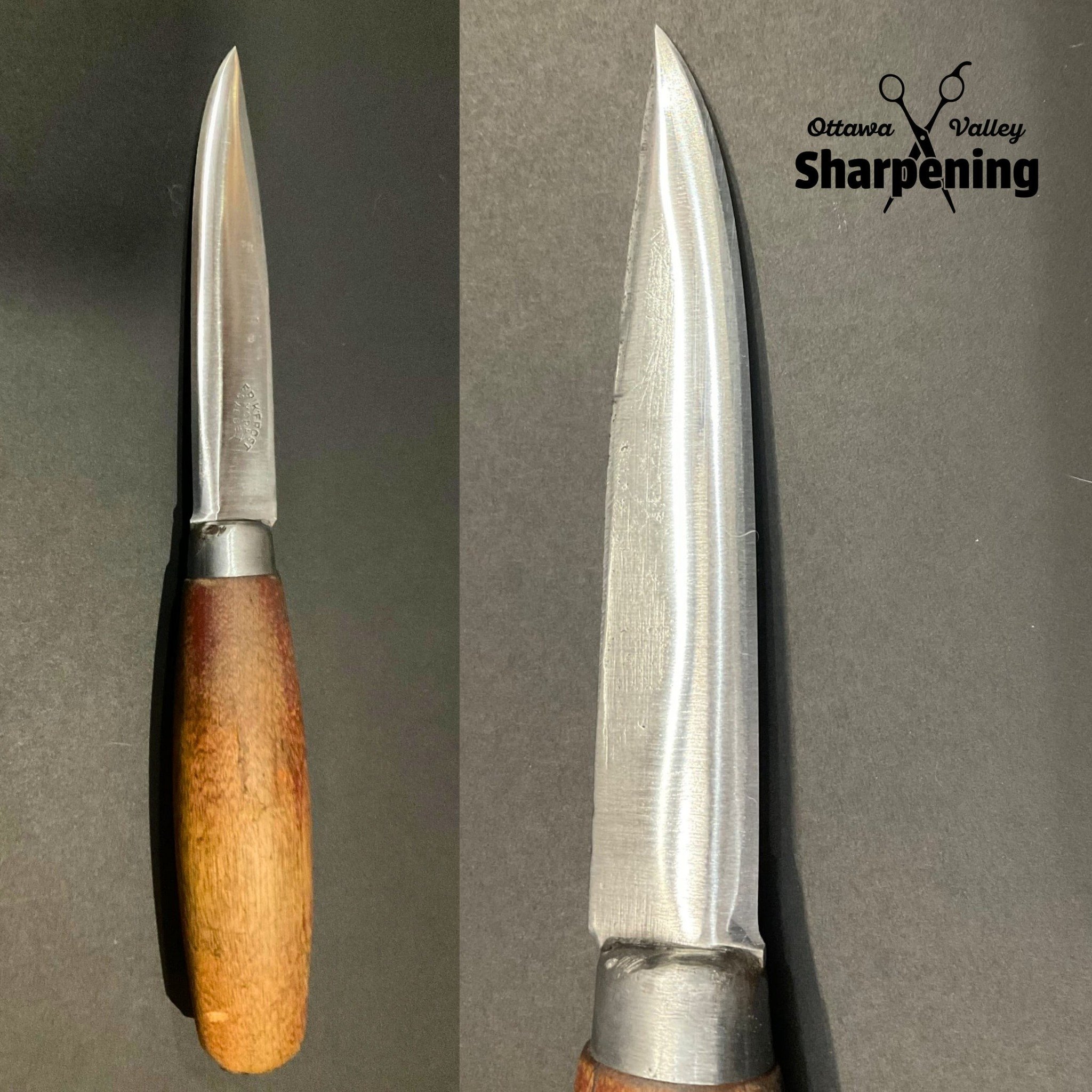 A kitchen knife with a wooden handle on the left and a close-up of the blade on the right, against a dark background. The image features a logo for Ottawa Valley Sharpening with scissors and the text.