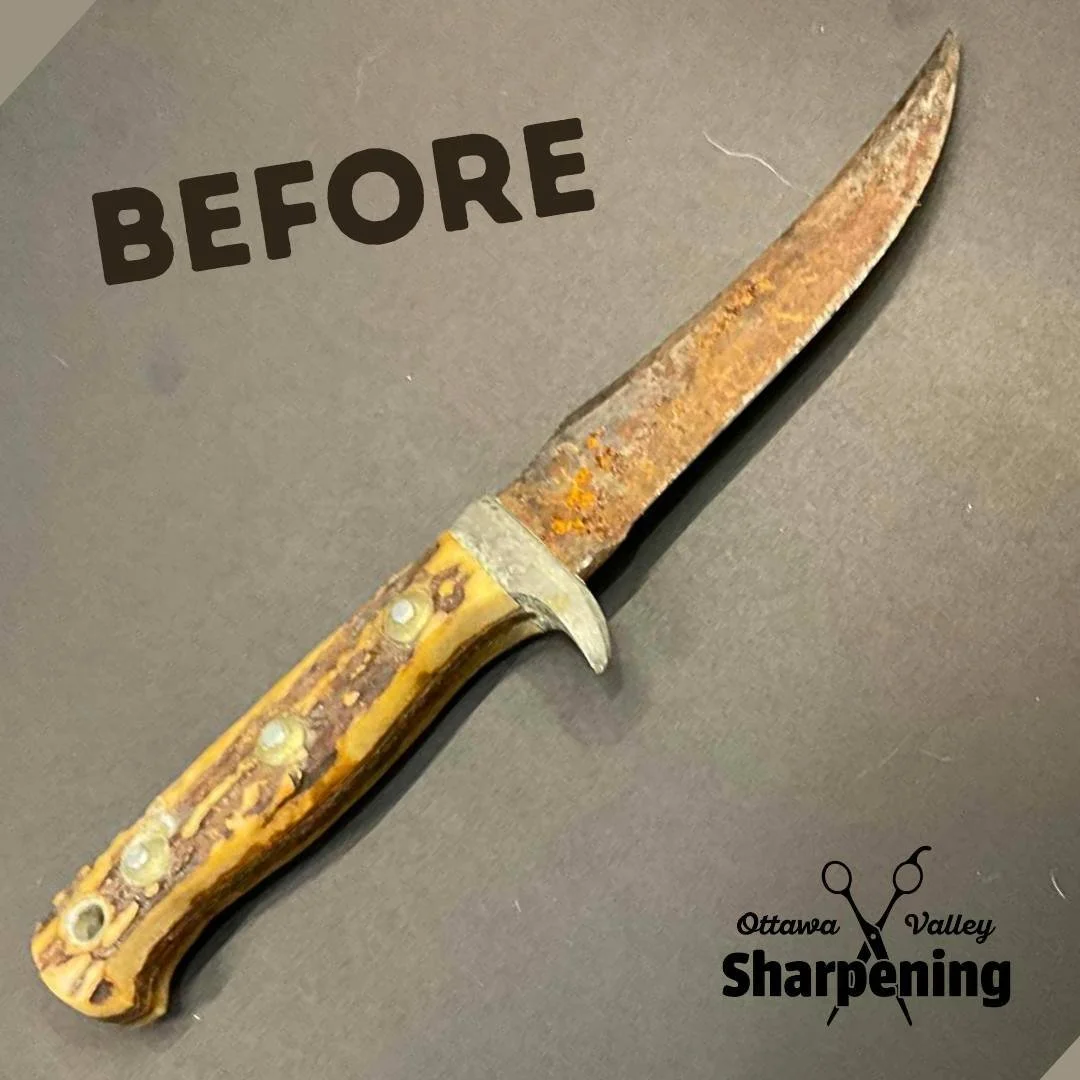 Rusty kitchen knife with a yellowish handle on a gray surface, labeled 'Before'.