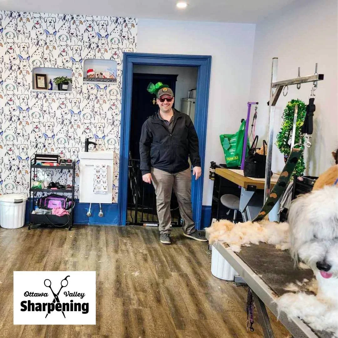 A man wearing sunglasses, a cap, and a black jacket stands inside a dog grooming salon with a cheerful smile. The background features a wall decorated with patterned wallpaper of various cartoon dog faces. To the left are shelves holding grooming supplies, and on the right, grooming tools and equipment. Partially visible on the grooming table in the foreground are two fluffy white dogs. The salon has a wooden floor and a logo that reads "Ottawa Valley Sharpening" with scissors and a needle in the bottom left corner.