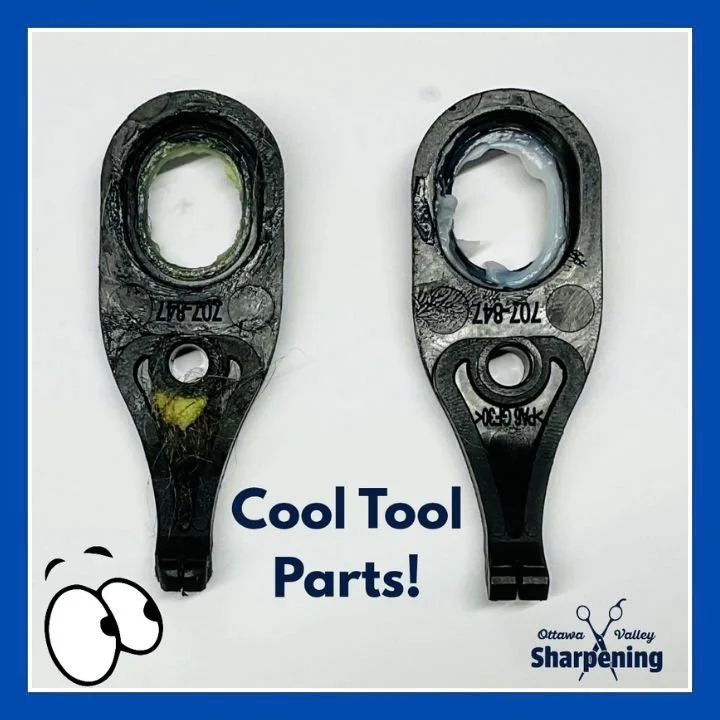 Two damaged metal tools with oval openings and multiple markings, placed side by side on a white background with a blue border, with the text 'Cool Tool Parts!' and a small logo of scissors and the text 'Ottawa Valley Sharpening' in the bottom right 