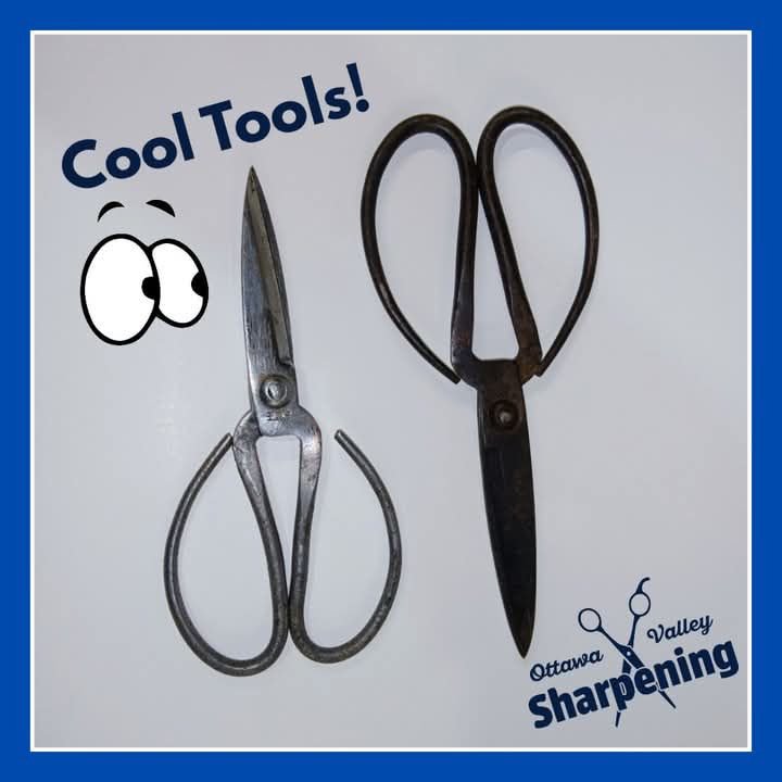 Two pairs of scissors on a white surface, with cartoon eyes and the words "Cool Tools!" and "Ottawa Valley Sharpening" around them.