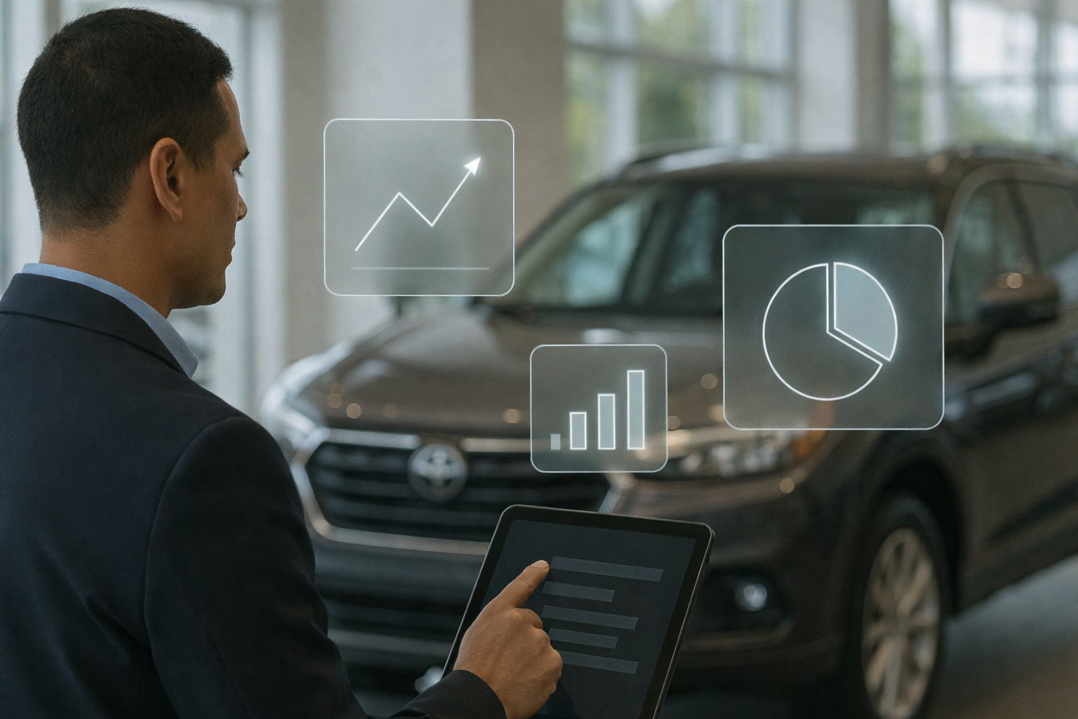 A man in a suit standing in a car dealership, looking at a tablet while digital charts and graphs are projected in front of him, including a line graph with an upward trend, a bar chart, and a pie chart.