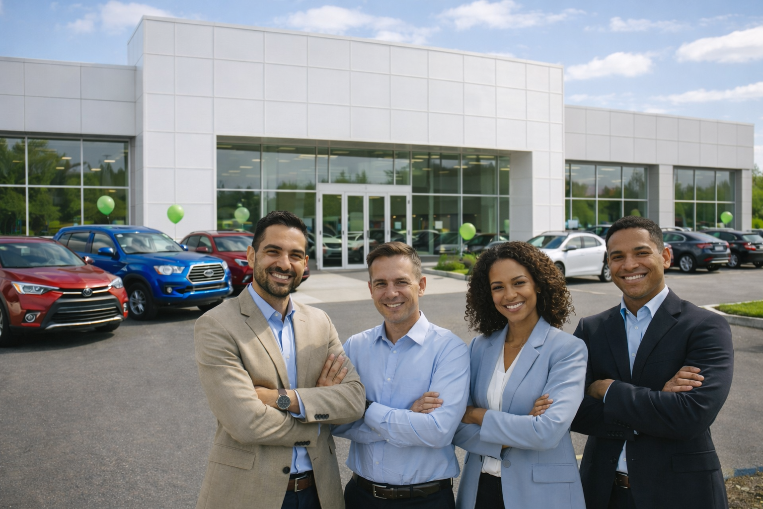 Four diverse business professionals standing in front of a car dealership, smiling with arms crossed.