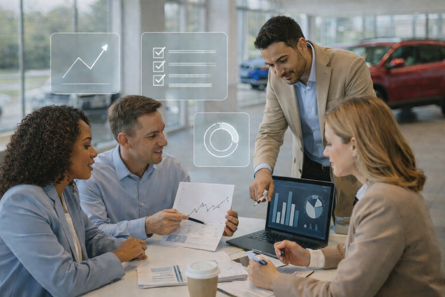 Business professionals in a meeting looking at graphs and data on a laptop and printed documents, with digital data overlays showing a line graph, checklist, and pie chart.