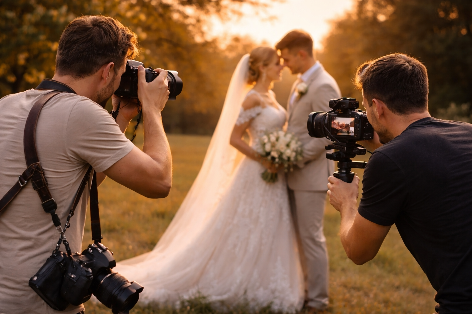 Wedding photographer and videographer filming couple during sunset portraits
