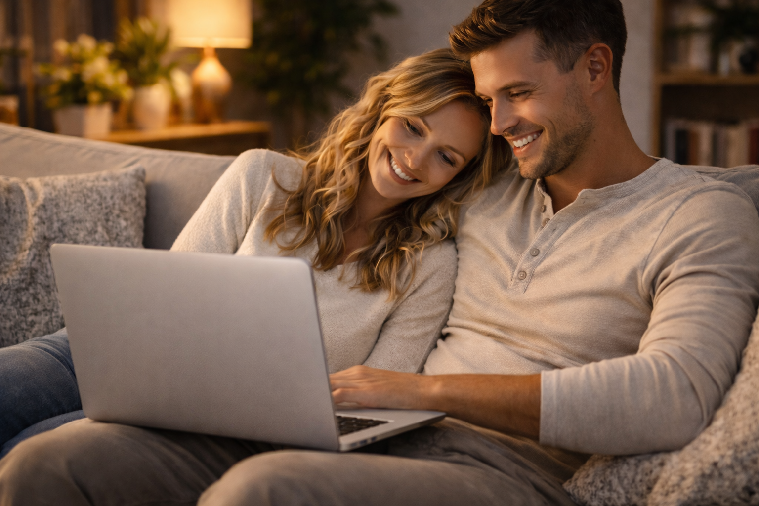 Couple watching their wedding video together on a laptop while sitting on a sofa