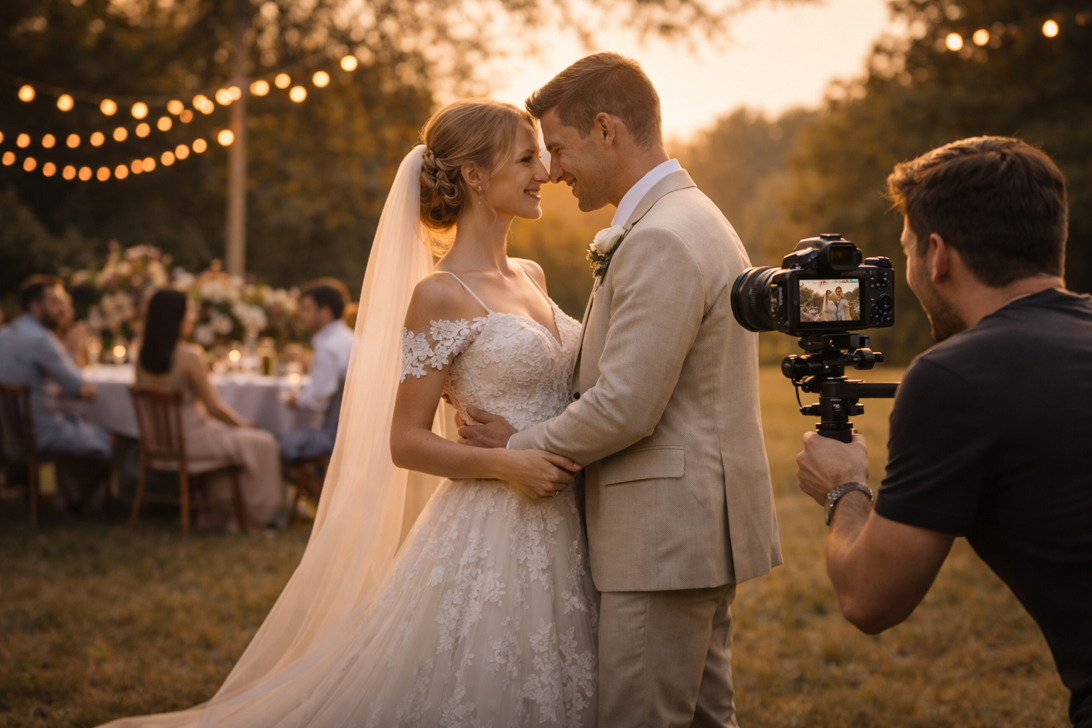 A bride and groom stand close together, smiling and touching foreheads, during their outdoor wedding at sunset, with a photographer capturing the moment and guests seated at a table in the background.