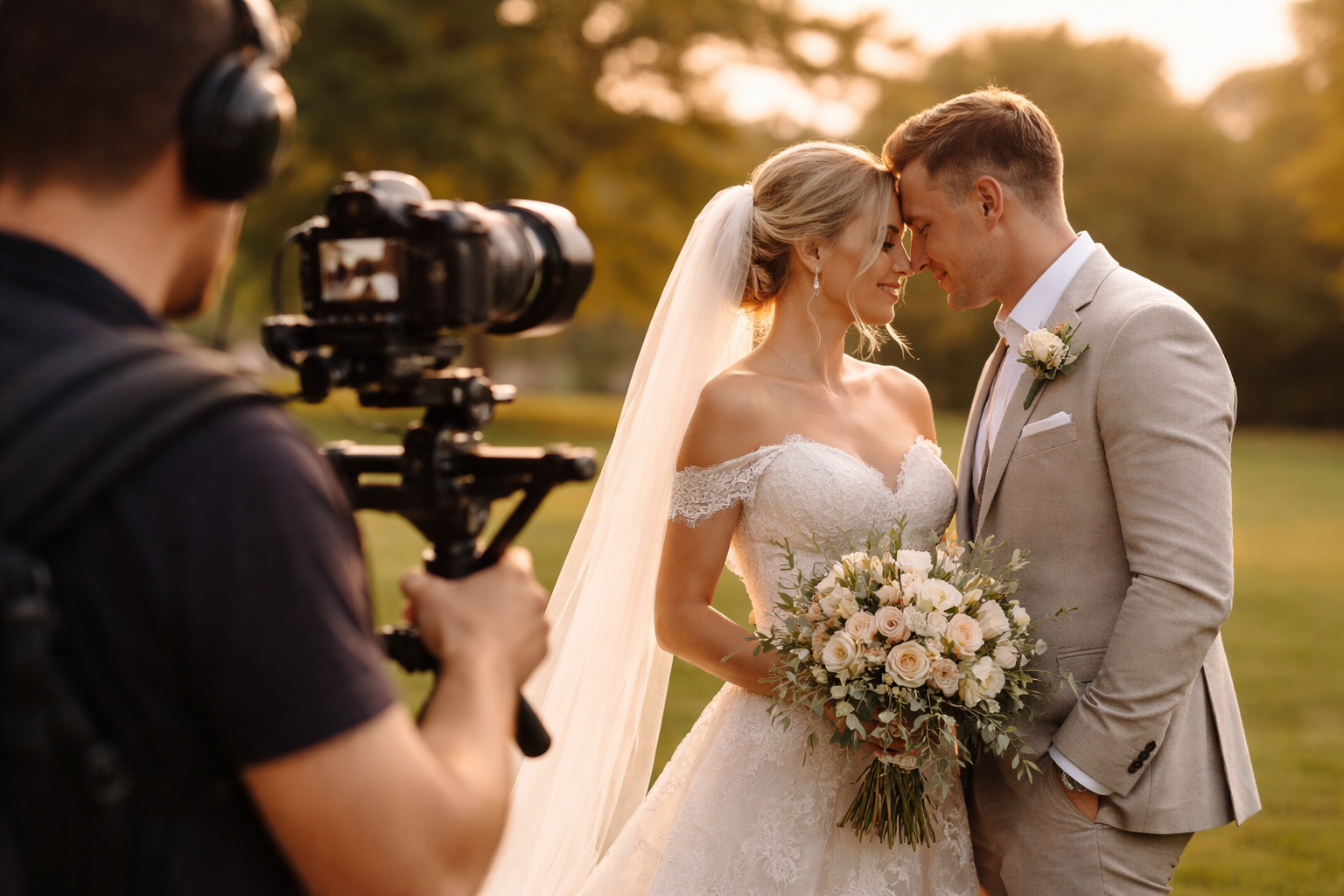 Wedding videographer filming bride and groom during a wedding in Surrey
