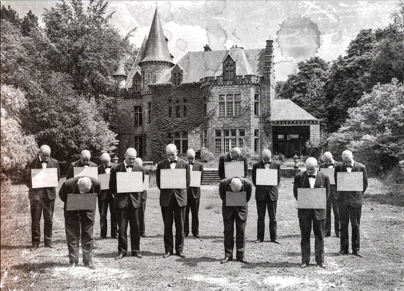 Negatief van elf mannen in formele pakken met bowtie, staan in rijen op gras voor een kasteel, elk met een schild over de nek en een schild in de hand, voor een historische kasteel op een zomerse dag.