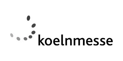 Logo der Koelnmesse mit schwarzer Schrift und einer grafischen Schleife aus grauen Punkten