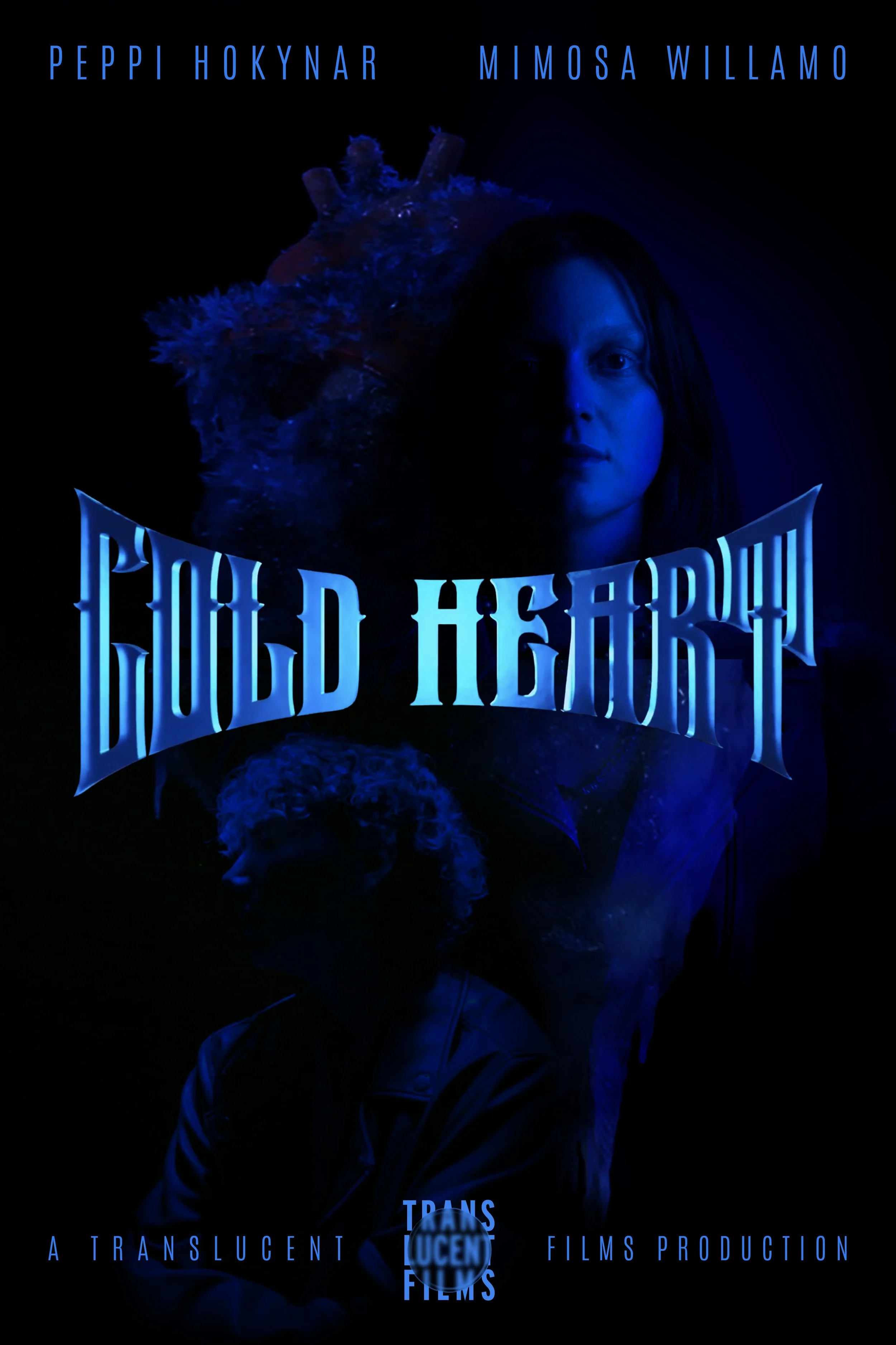Elokuvan juliste, jossa on kaksi ihmishahmoa, pääasiassa sinisävyinen tehoste, teksti 'Cold Heart' ja näyttelijöiden nimet Peppi Hokynar ja Mimosa Willamo.