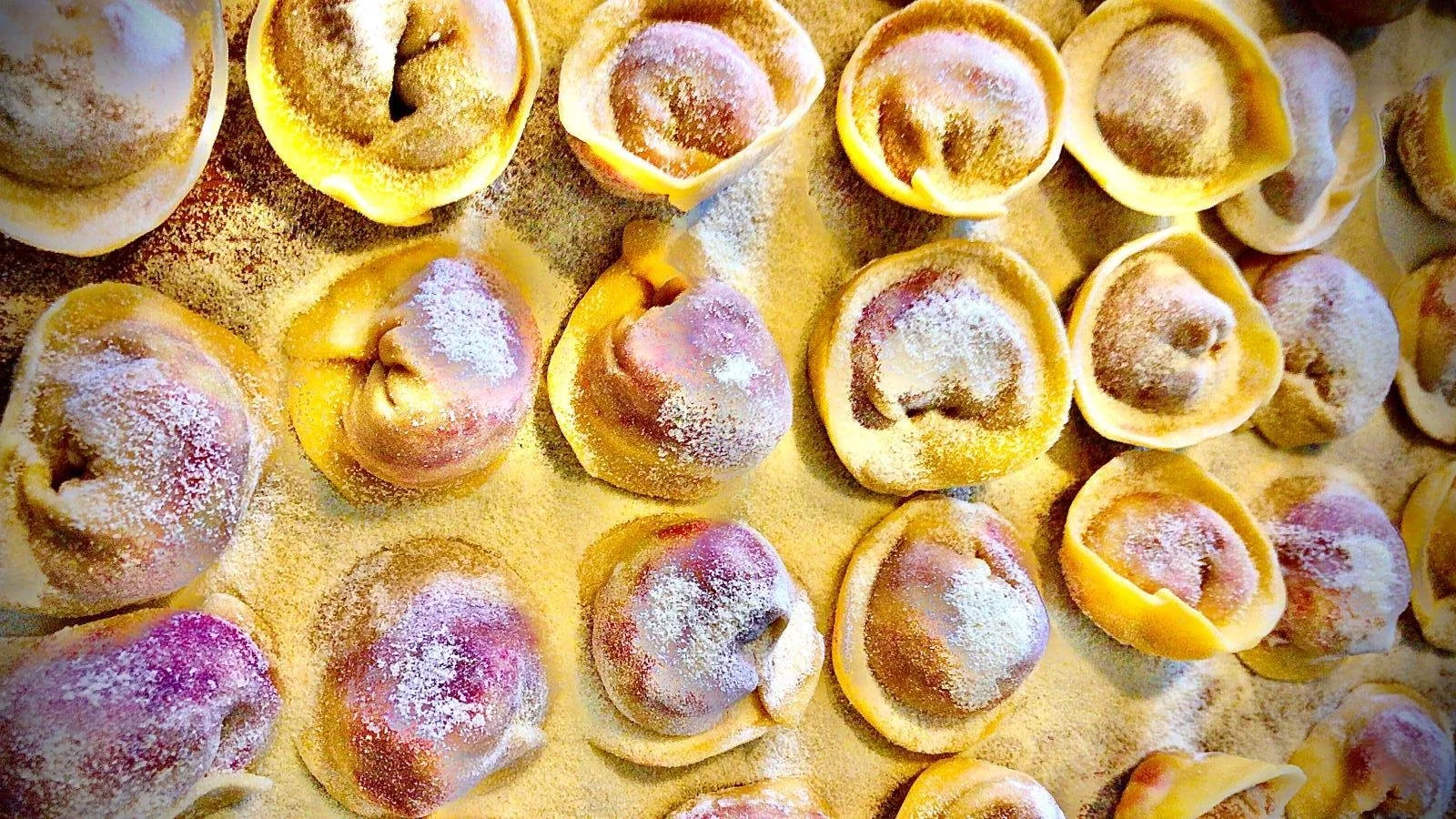 image showing rows of freshly made tortellini with a beetroot and ricotta filling