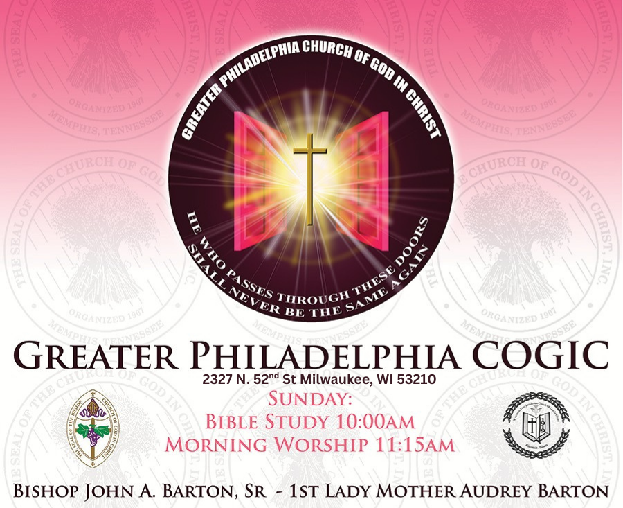 Flyer for Greater Philadelphia Church of God in Christ featuring a glowing open door with a cross in the center, and the text about church services, location, and leadership.