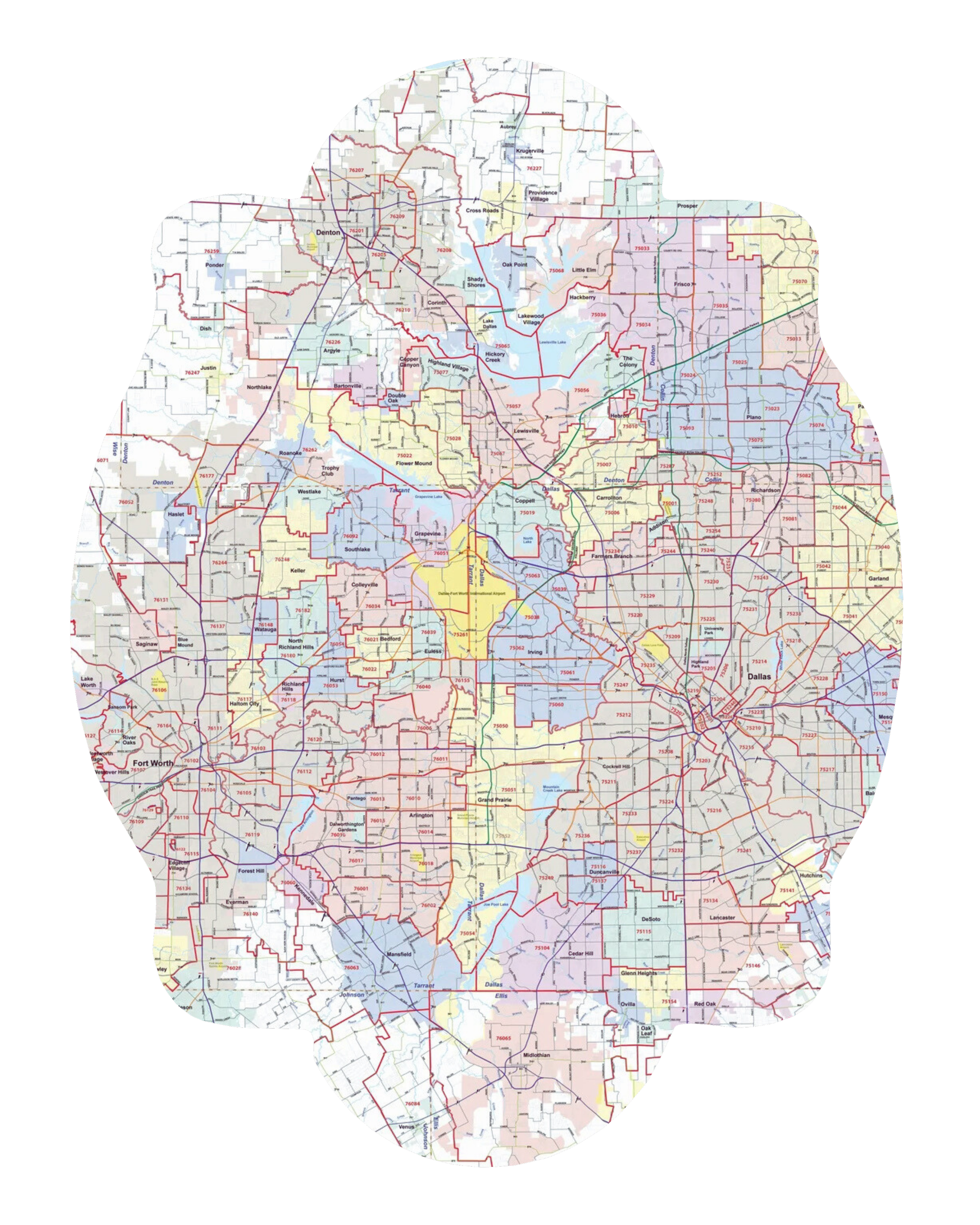 A map of the Dallas-Fort Worth area in Texas, overlaid on a black flower-shaped background.