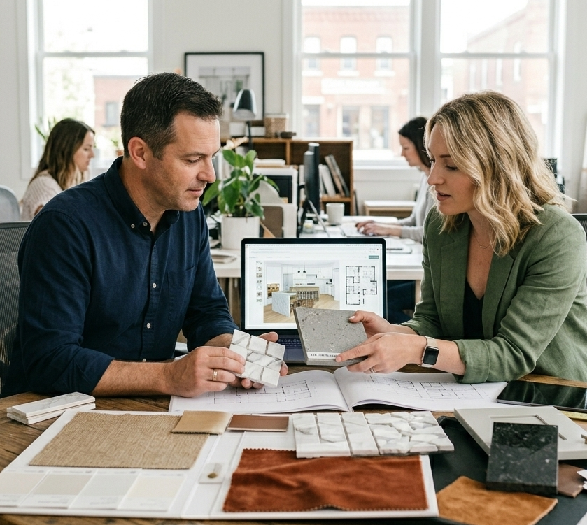 contractor and client reviewing kitchen finish selections New Hampshire design partner Builder's Reserve