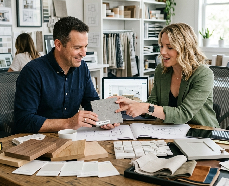 contractor reviewing finish selections at Builder's Reserve showroom Derry New Hampshire