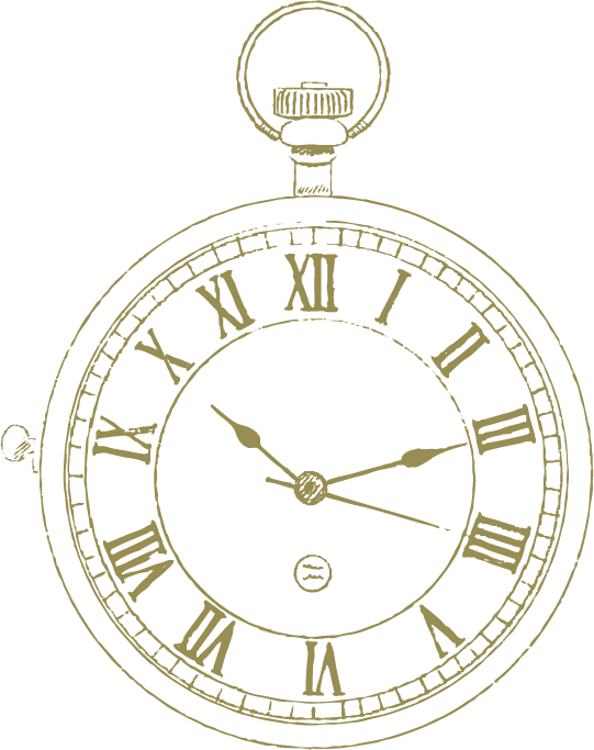 Hand drawn illustration of a vintage stopwatch with Roman numerals and two clock hands.