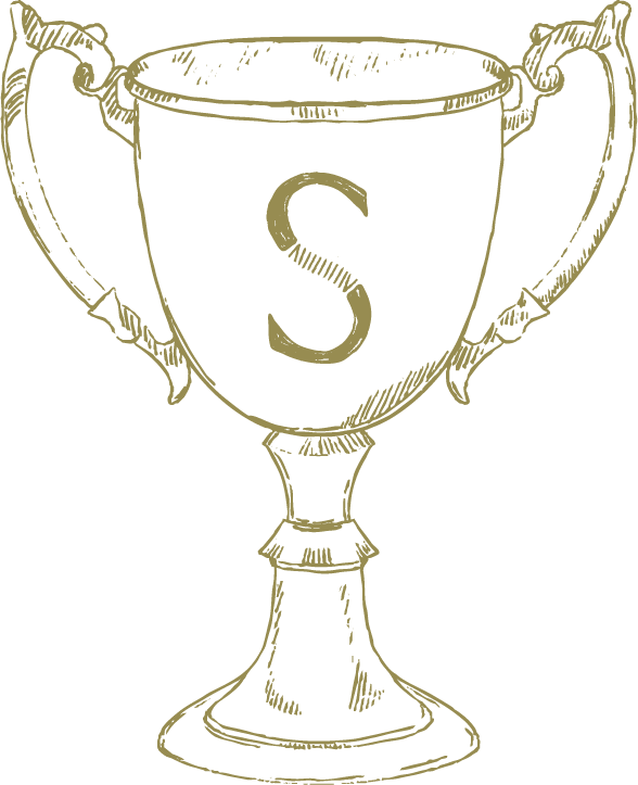 Hand drawn illustration of a  trophy cup with a large letter 'S' on it.