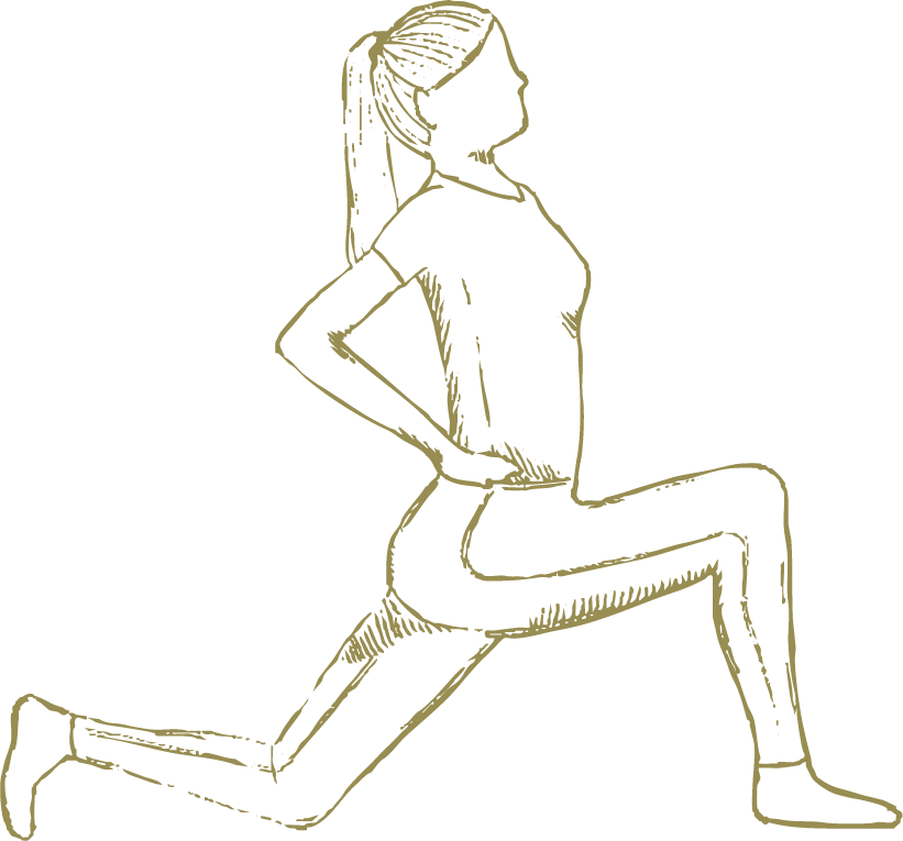 Hand drawn illustration of a woman in an exercise pose, with one knee on the ground and one leg bent in front, one hand on her lower back, and the other arm extended behind her.