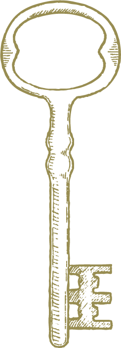 Hand drawn illustration of a  key with a large, oval-shaped bow and a simple rectangular bit.