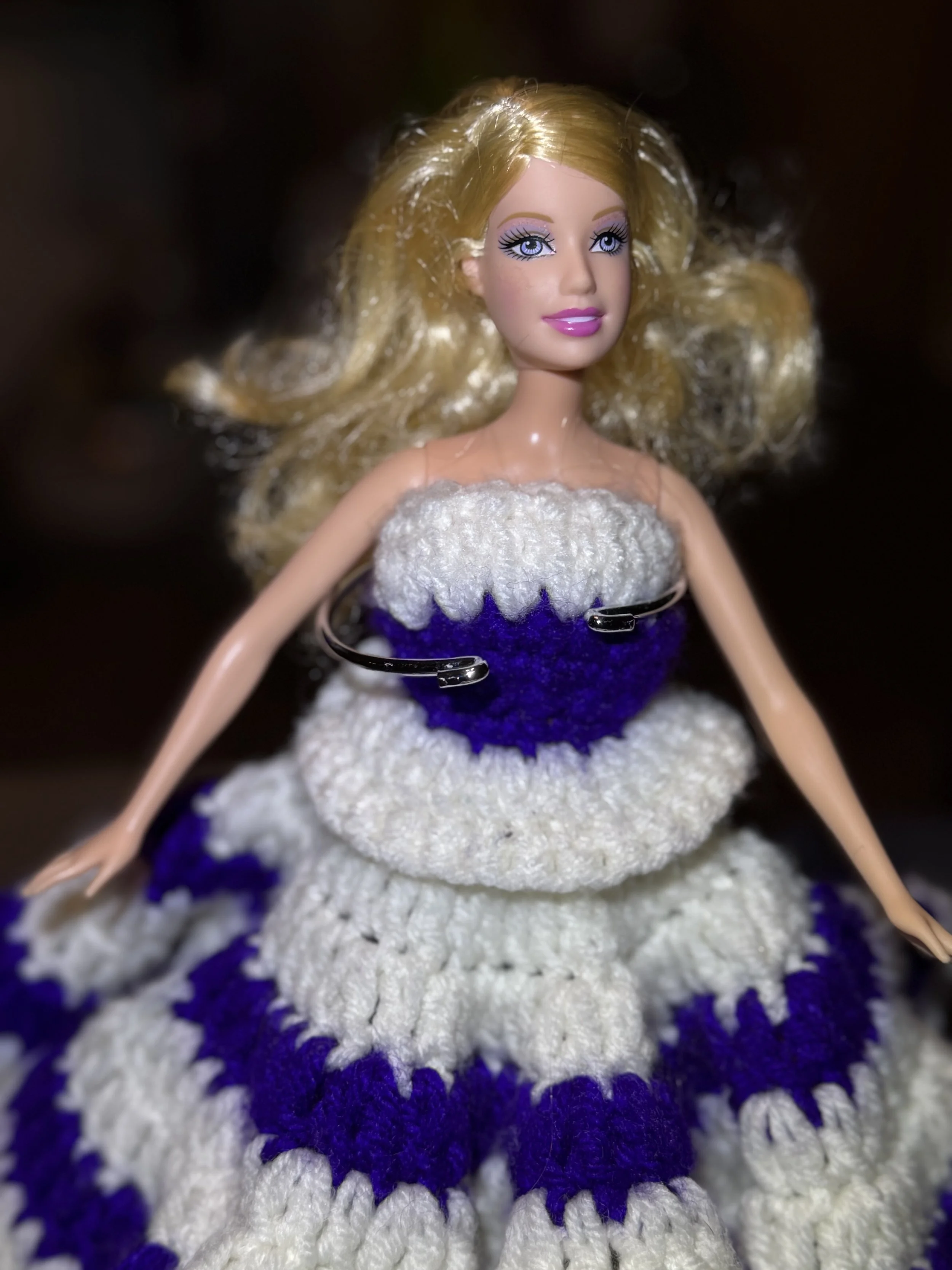 Handcrafted Crochet Doll Dress - Purple & White Delight