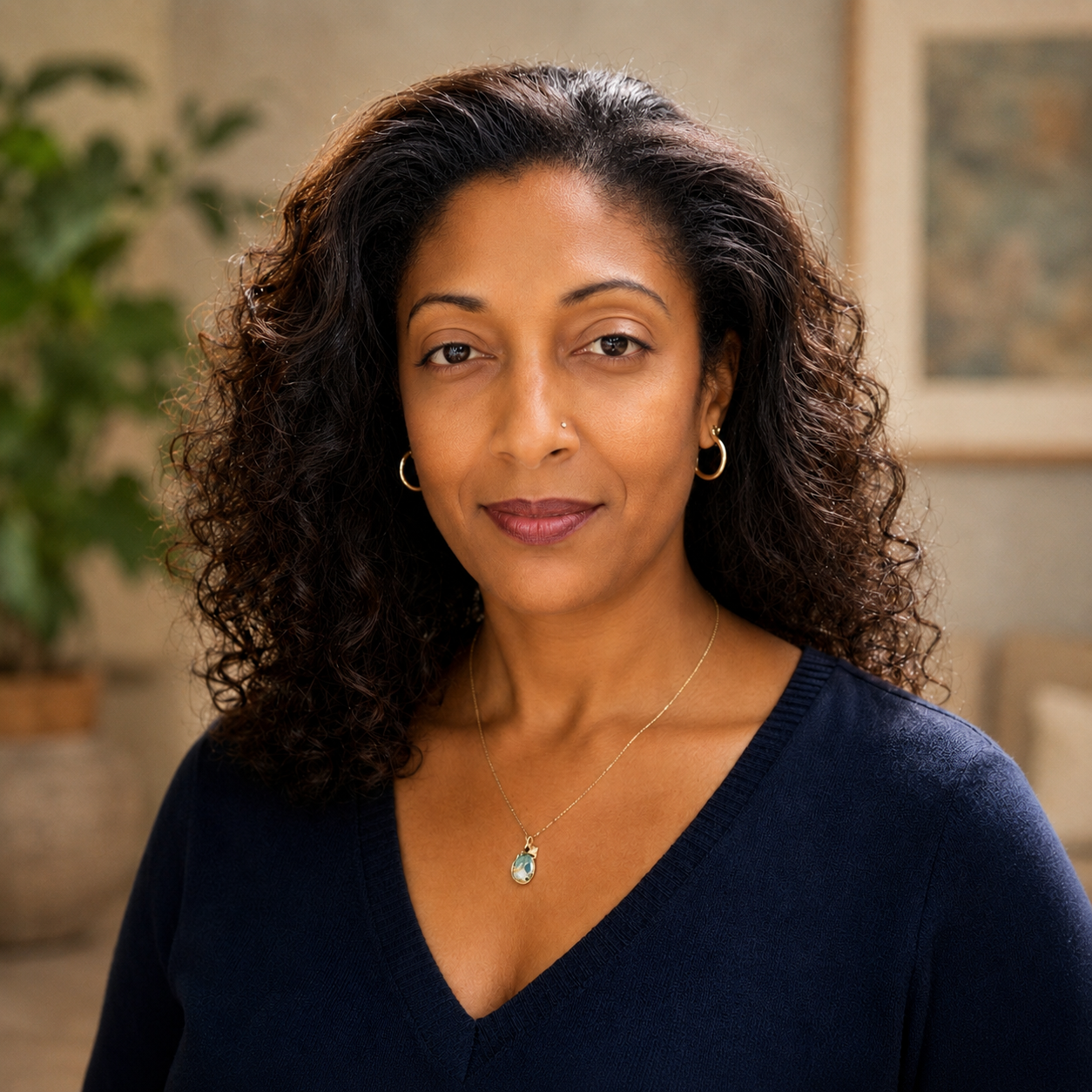 A woman with curly dark hair wearing a navy blue top, gold hoop earrings, and a necklace with a blue pendant, standing in a room with blurred background including a potted plant and artwork.