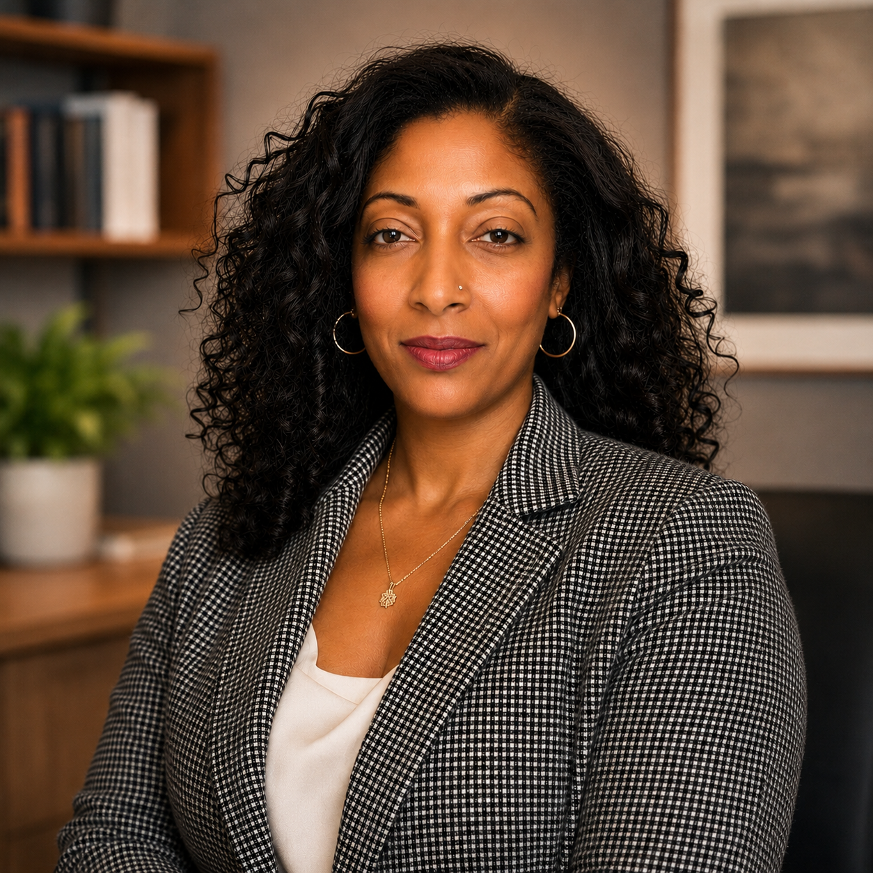 A woman with curly black hair and medium skin tone, wearing a checkered blazer and white top, sitting in an office with a bookshelf and framed photo in the background.