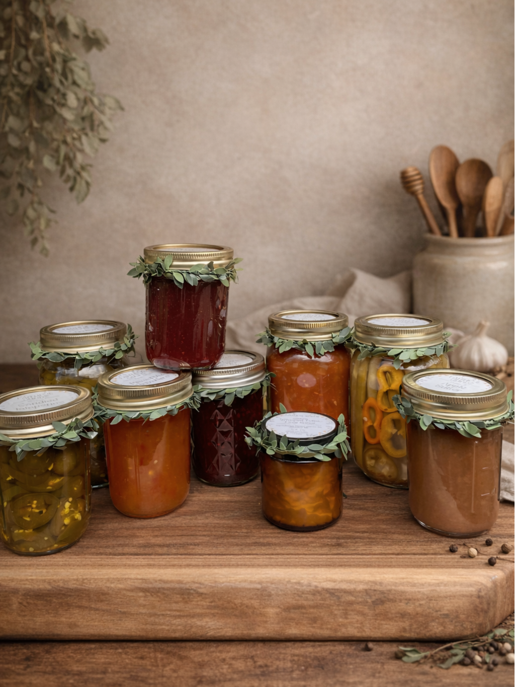 Assorted homemade preserved foods in glass jars with gold lids and decorative green leaves, displayed on a wooden surface in a rustic kitchen setting.