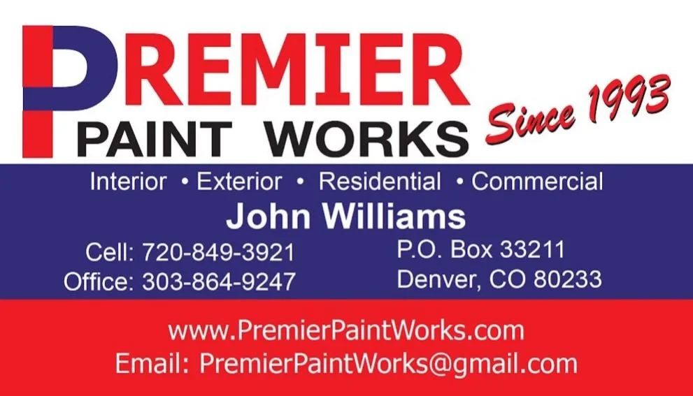 Business card for Premier Paint Works featuring company name, services, contact information, and location in Denver, Colorado.