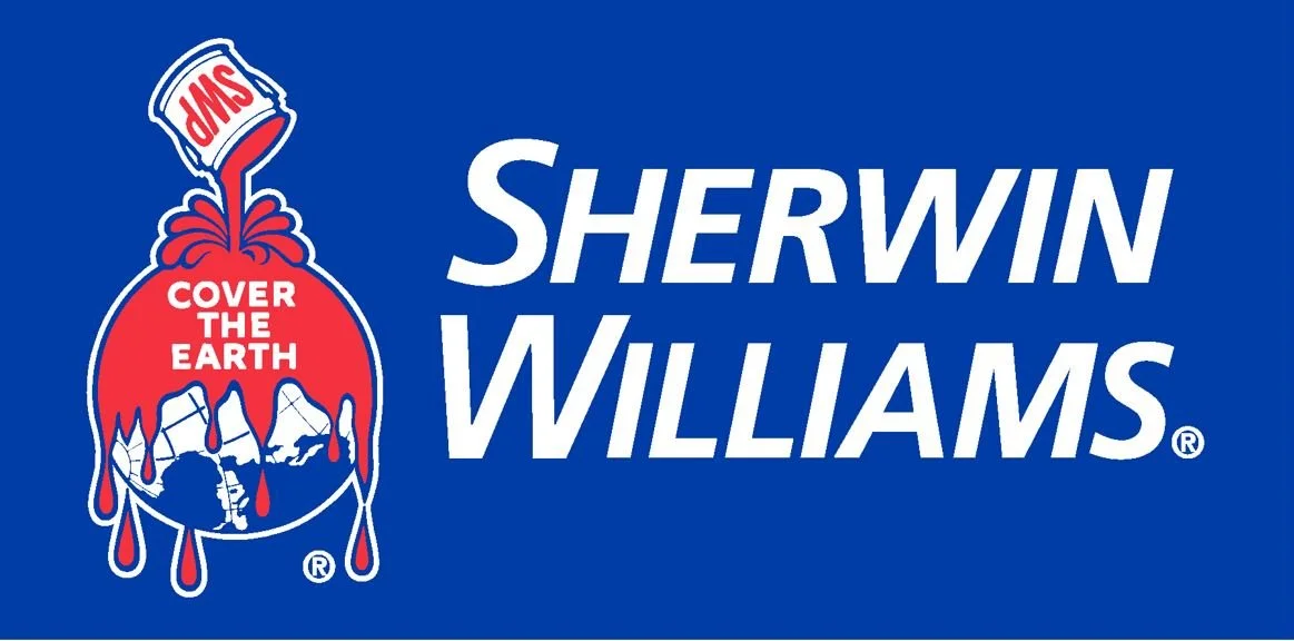 Advertisement for Sherwin Williams featuring a blue background, a logo with a paint can pouring red paint over a globe, and the slogan "Cover the Earth".