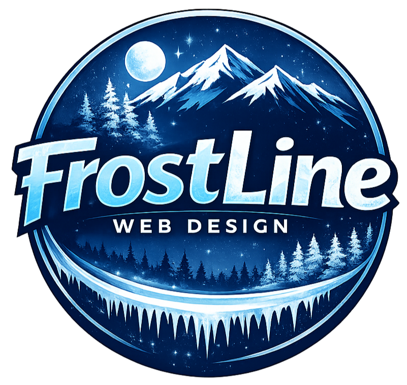 Logo for FrostLine Web Design featuring snow-capped mountains, pine trees, a full moon, and a snowy landscape in a circular design.