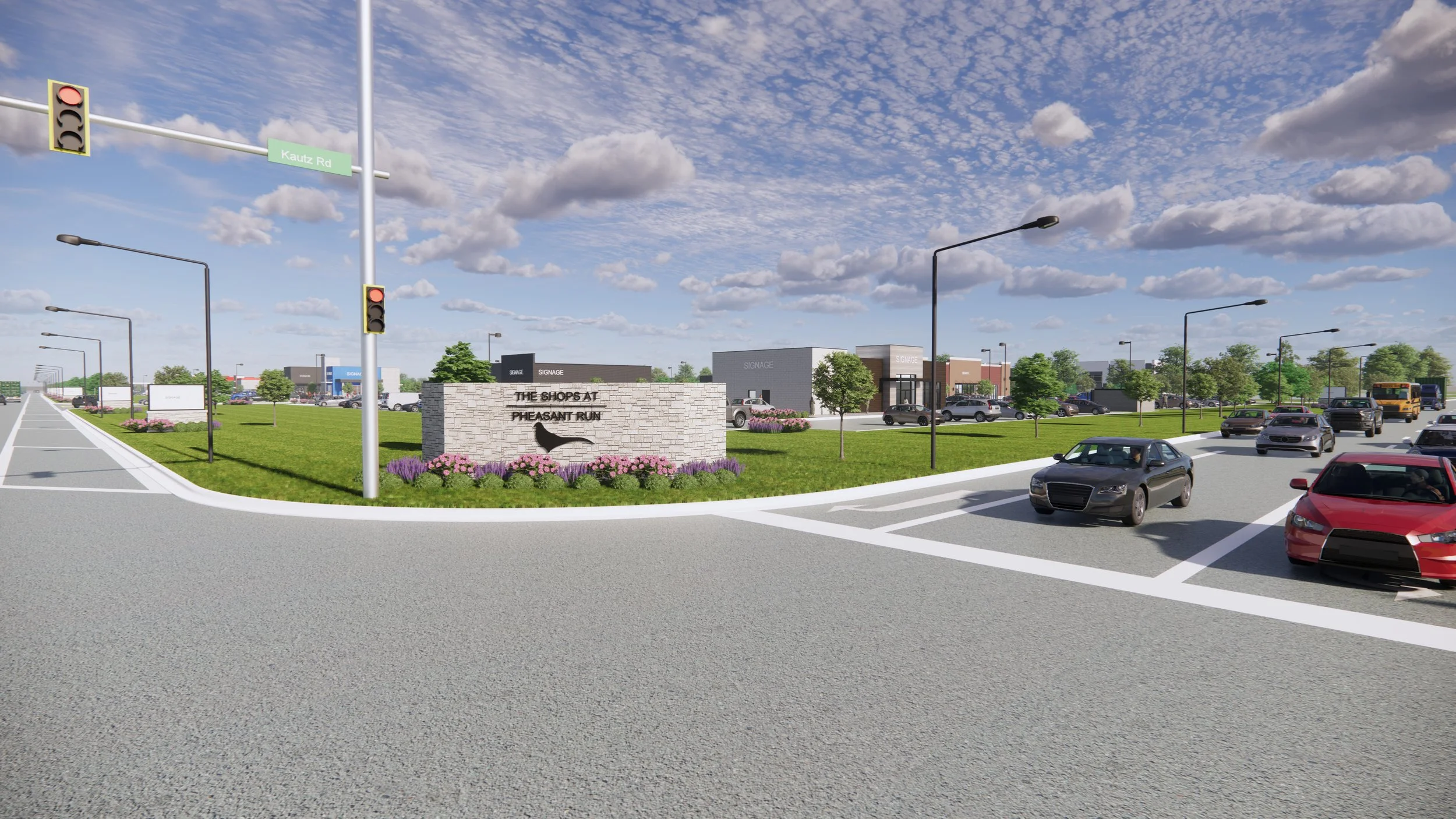 A shopping center with a large parking lot, retail stores, street lamps, and a traffic signal showing red, with a sign that reads 'The Shops at Pheasant Run.'
