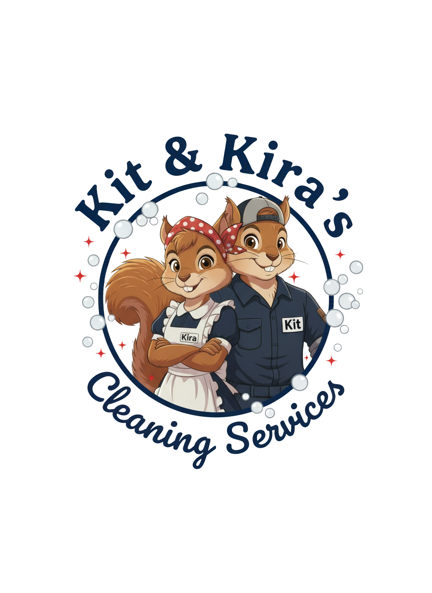 Cartoon of a squirrel and a chipmunk dressed as cleaning service workers, with the text 'Kit & Kira's Cleaning Service'.