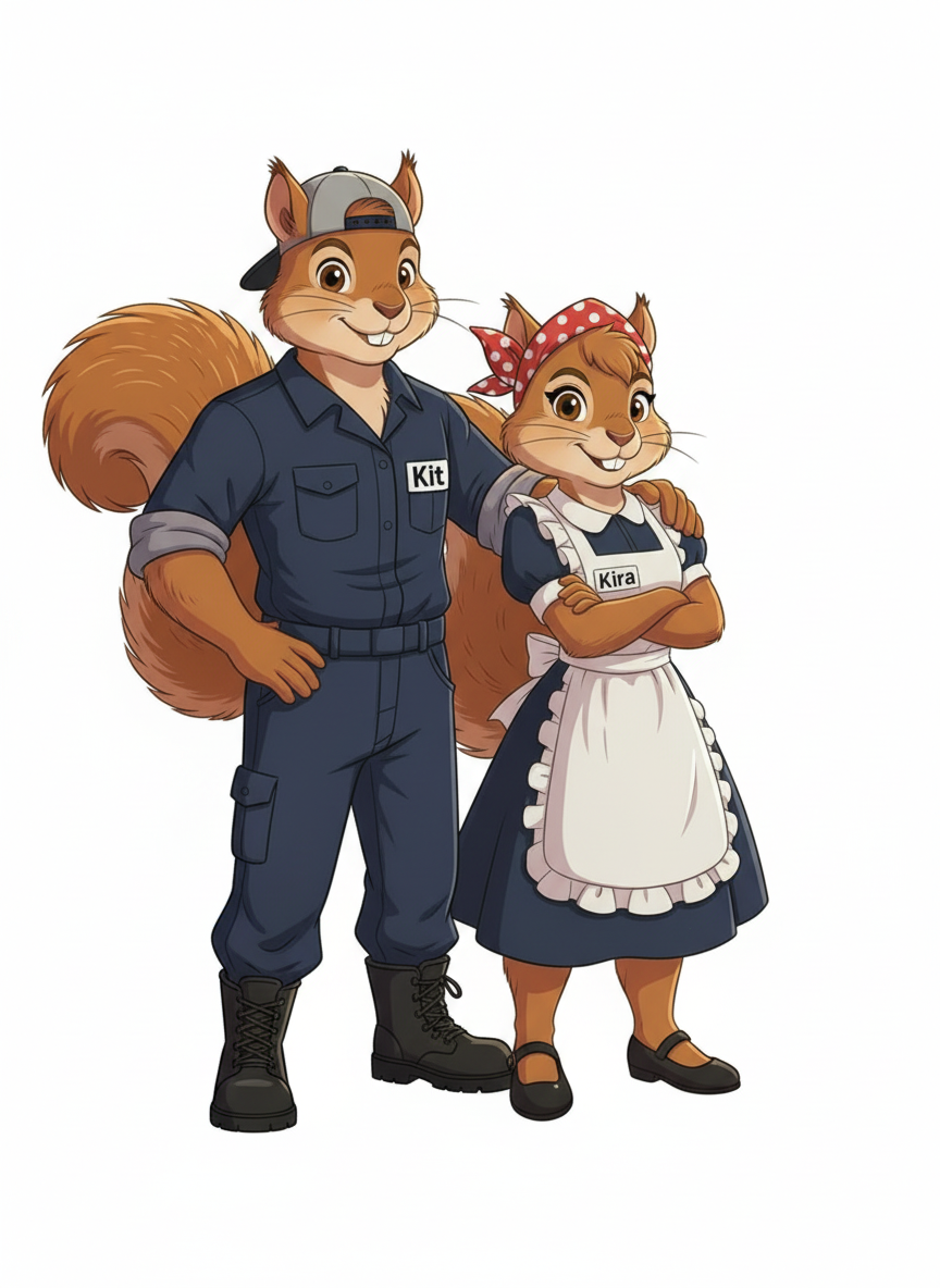 Animated squirrel characters dressed as a lumberjack and a maid, with the male character wearing a cap and labeled 'Kit', and the female character wearing a red headscarf and labeled 'Kira'.