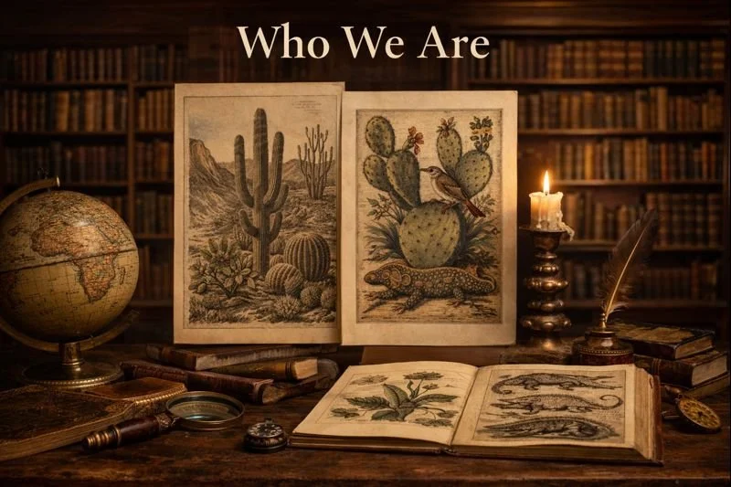 A vintage library setting with bookshelves in the background, an open book displaying botanical illustrations, a globe, a magnifying glass, a candle, a quill, and two vertical botanical printouts, one featuring a cactus and the other a prickly pear with a lizard, under a sign reading 'Who We Are'.