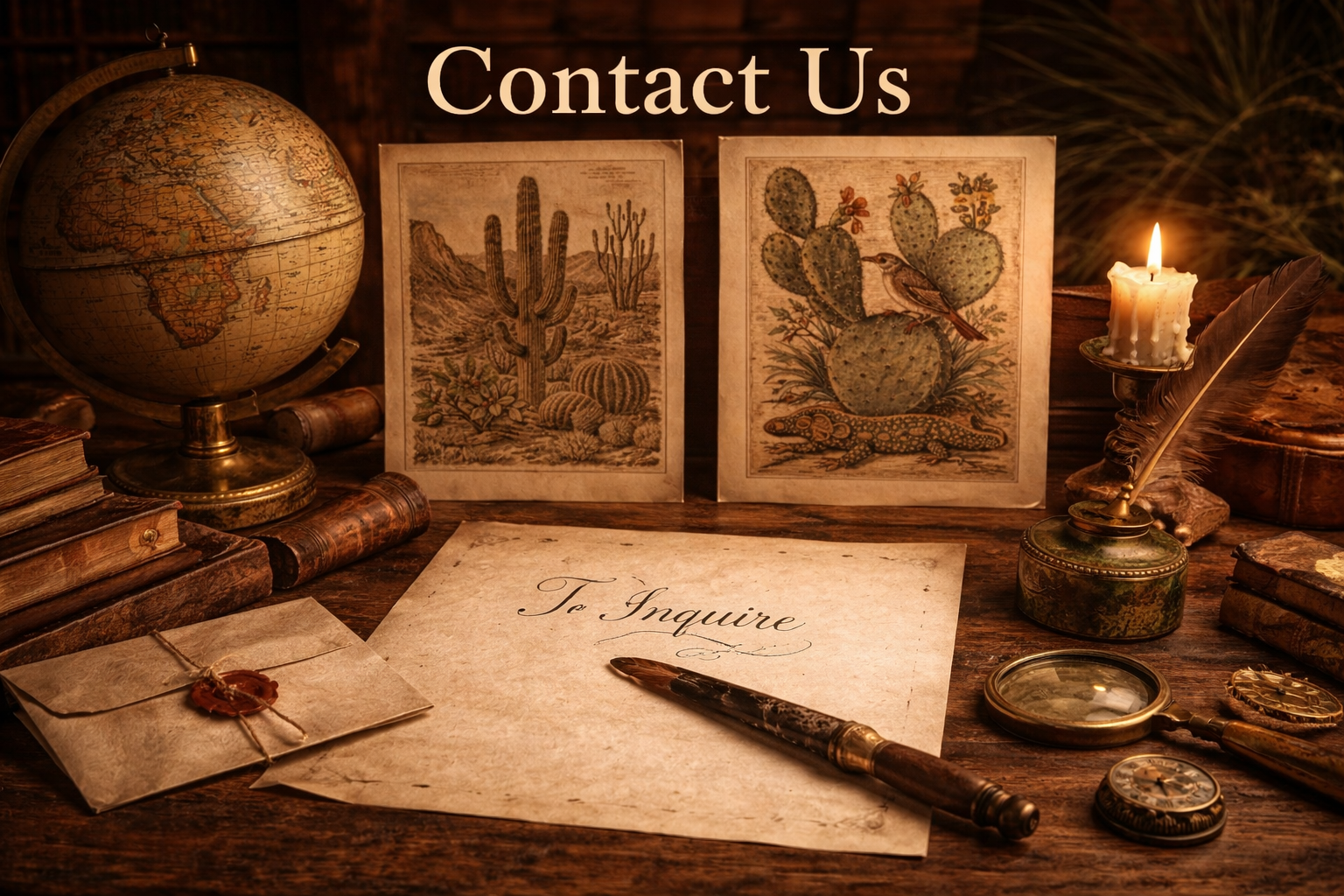 A vintage-style desk scene with a globe, botanical prints of cacti, an envelope with a seal, an antique fountain pen, a candle, a magnifying glass, and a stack of old books.