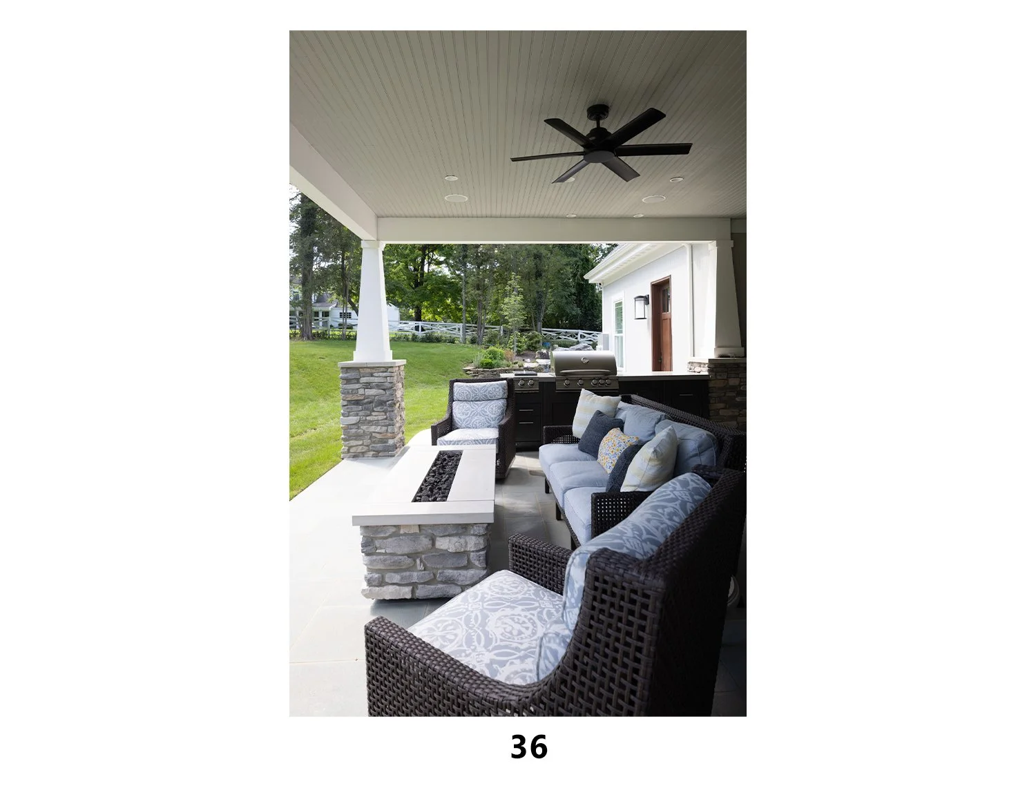 Covered outdoor patio with wicker and cushioned seating, a built-in fireplace with stone accents, a grill, and a view of a lush green backyard with trees and a fenced fence.